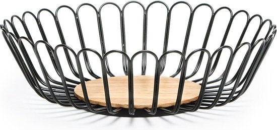 Moderne Fruitschaal met Houten Voet, Zwart, 30x9cm