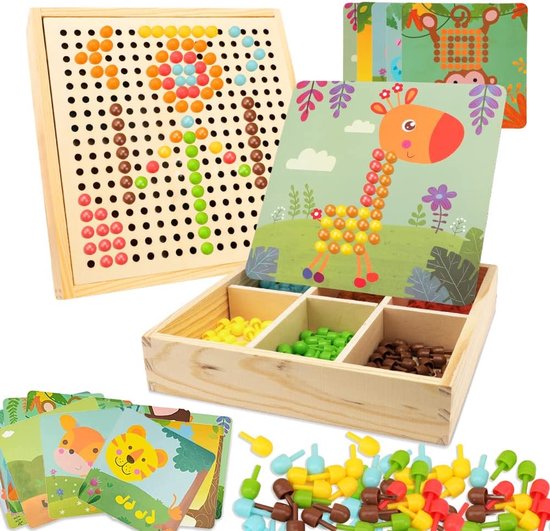Mozaïek steekspel voor kinderen, mozaïek pegboard met 240 steekkralen, pedagogische paddenstoelnagels, puzzel, speelgoed voor jongens, meisjes, kinderen, voor 2, 3, 4, 5, 6 jaar