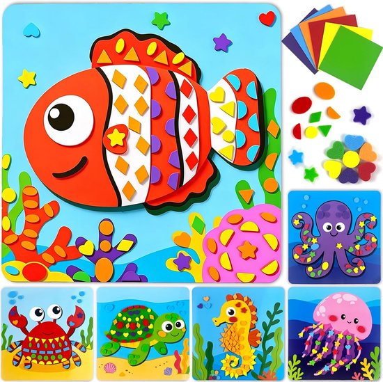 Mozaïekset voor kinderen jaar, 6 kaarten met oceaanthema, creatieve set, EVA-stickers, creatieve activiteit, doe-het-zelf, educatief en reisspel voor jongens en meisjes