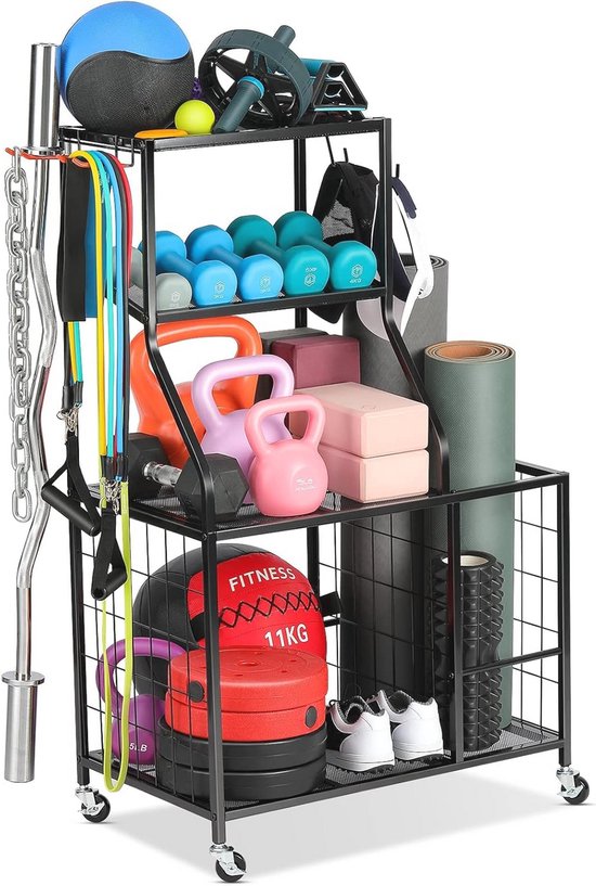 Multifunctioneel Gewichtsrek voor Thuis Gym - Opbergrek voor Kettlebells, Dumbbells en Yogamatten met Wielen en Haken