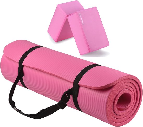 Multifunctionele 1/2 inch extra dikke yogamat met draagriem en yogablokken, roze van Merkloos