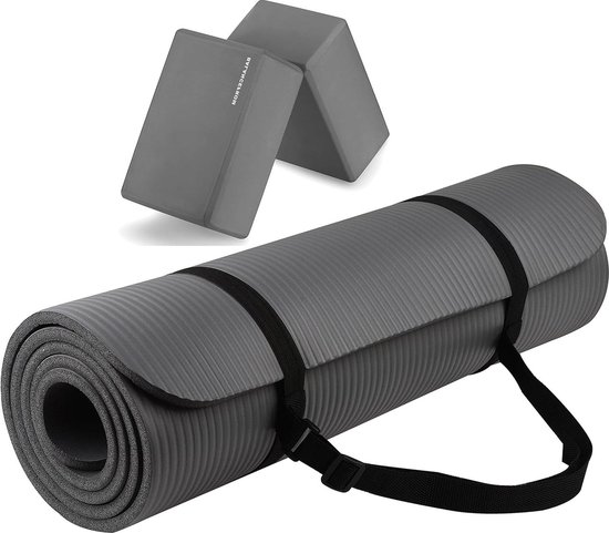 Multifunctionele Extra Dikke Hoge Dichtheid Anti-Scheur Oefening Yoga Mat - Grijs met Draagriem en Yoga Blokken