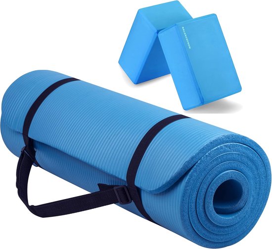 Multifunctionele yogamat - extra dik - met blokken - blauw