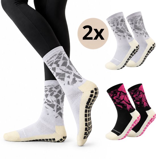 MyBodyFuel - Pilates Sokken - Antislip Sokken met Grip - Yoga Sokken - 2 Paar - One Size - Unisex - Wit/Roze