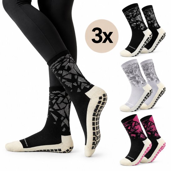 MyBodyFuel - Pilates Sokken - Antislip Sokken met Grip - Yoga Sokken - 3 Paar - One Size - Unisex - Zwart/Wit/Roze