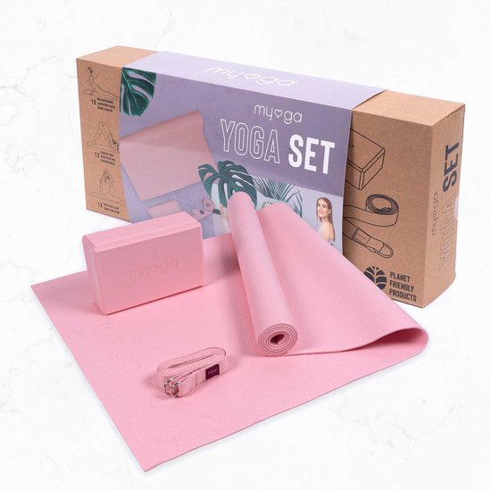 Myga - Yoga set - Yoga starter kits - Pink - 1 yogamat ( 173 cm x 61 cm ) - 1 yogablok (14,5 x 7,7 x 23 cm ) - 1 yoga strap/riem van Myga