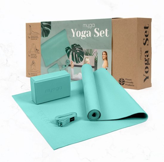 Myga - Yoga set - Yoga starter kits - Turquoise - 1 yogamat ( 173 cm x 61 cm ) - 1 yogablok (14,5 x 7,7 x 23 cm ) - 1 yoga strap/riem van Myga