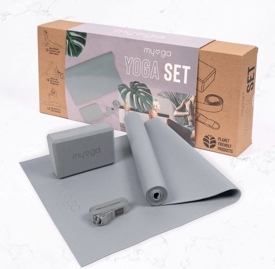 Myga Yoga Starterset Grijs | Yoga mat extra dik - Yoga blok - Yoga riem | Yoga Set | Fitness Pilates van Myga
