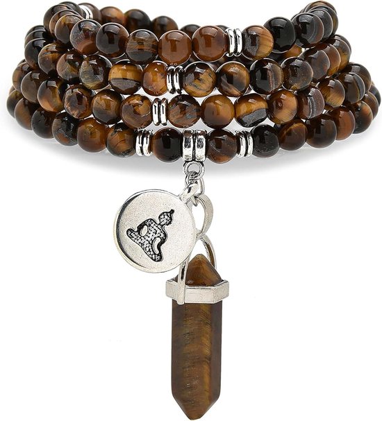 Natural 108 Mala Beads Bracelet Mindfulness Necklace Yoga Buddha Zen Pendant and Reiki Quartz Hexagonal Prism Pendant