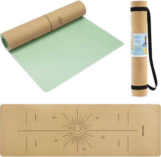 Natuurlijke kurken yogamat - Beige / Groen - 183x61 cm - Spokey SAVASANA van Spokey