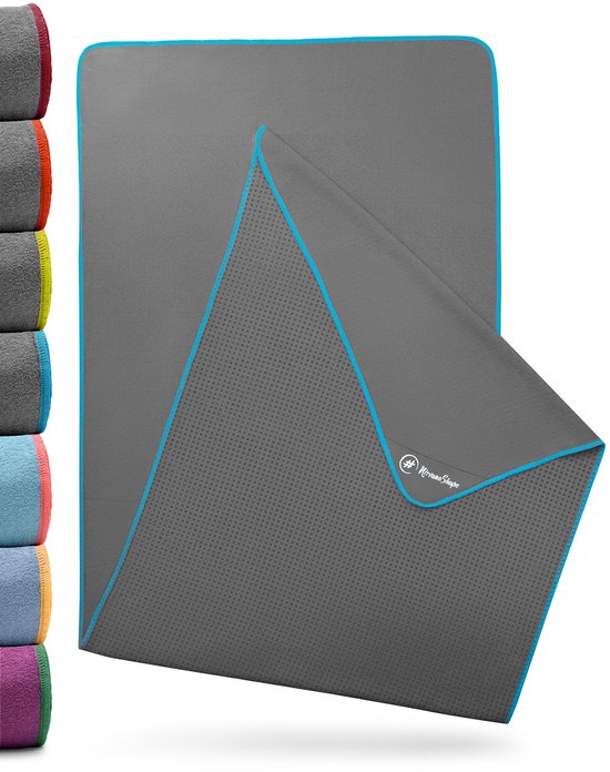 NIRVANASHAPE - Yogahanddoek als yogamat handdoek - antislip noppen - absorberende microvezel - hygiënisch en wasbaar op 40 graden - 185 x 63 cm - grijs/blauw