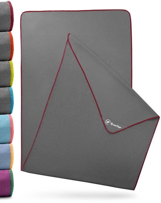NIRVANASHAPE - Yogahanddoek als yogamat handdoek - antislip noppen - absorberende microvezel - hygiënisch en wasbaar op 40 graden - 185 x 63 cm - grijs/lila
