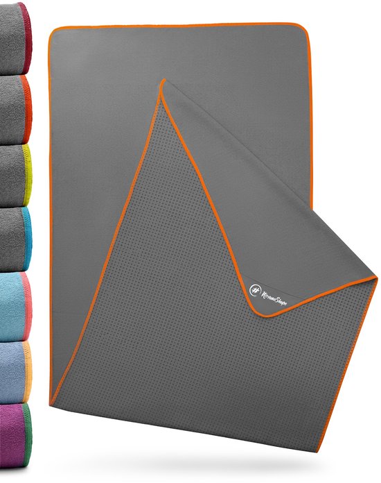 NIRVANASHAPE - Yogahanddoek als yogamat handdoek - antislip noppen - absorberende microvezel - hygiënisch en wasbaar op 40 graden - 185 x 63 cm - grijs/oranje