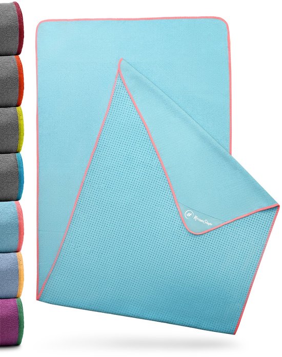 NIRVANASHAPE - Yogahanddoek als yogamat handdoek - antislip noppen - absorberende microvezel - hygiënisch en wasbaar op 40 graden - 185 x 63 cm - turkoois/roze