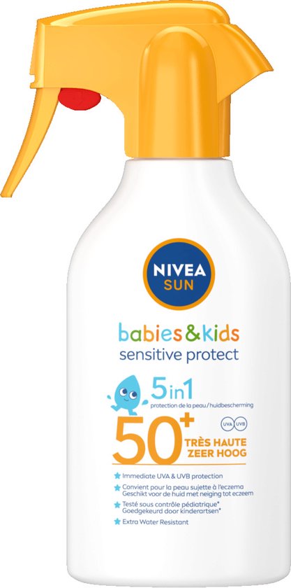 NIVEA SUN Babies & Kids Sensitive Protect Zonnebrand Spray - Baby en Kind - SPF 50+ - Zonnespray - Eczeemgevoelige huid - Parfumvrij - Waterbestendig - 270 ml van NIVEA