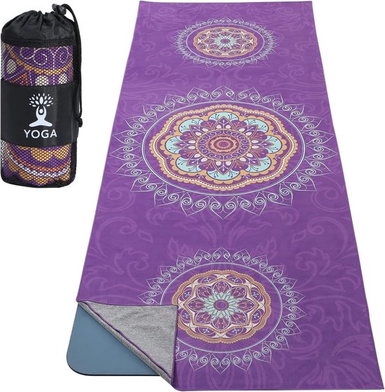 Non-slip en sneldrogend yogamat met bevestigingshoeken, zachte yogadeken met print voor diverse yoga-oefeningen, Mandala paars, ideaal voor yoga en meditatie.