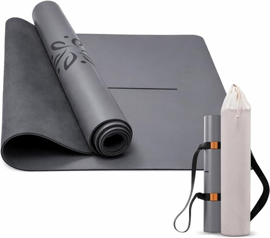 Non-Slip Yogamat met Uitlijningslijnen voor Vrouwen en mannen - Rubber Fitness Mat Inclusief tas en draagriem - Grote oefenmatten voor Pilates, Workout, Home Gym, Travel and Sports - Grijs van Merkloos