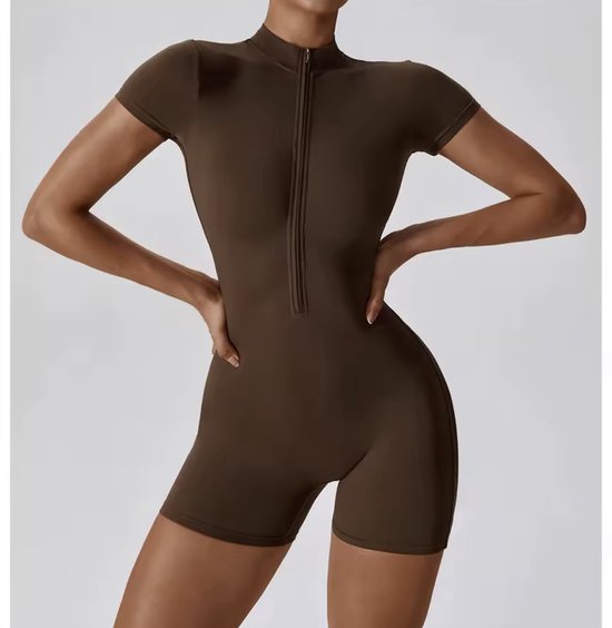 Nova Zip Jumpsuit - Maat S - Bruin - Brown - Seamless Jumpsuit Dames - Sportoutfit - Sportset van Merkloos