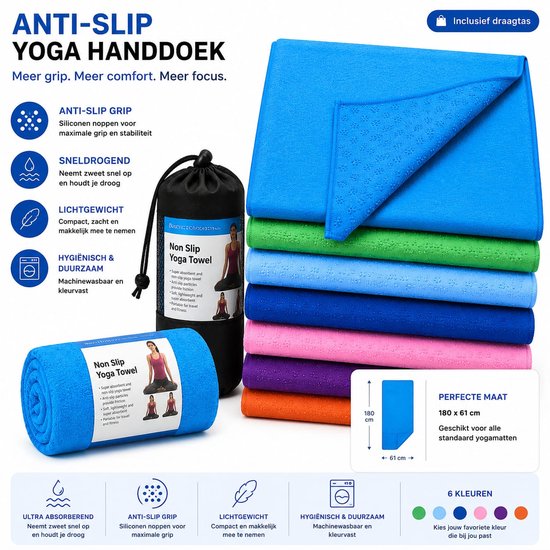 NovaOutlet Anti-Slip Yoga Handdoek Blauw - Yogamat Handdoek met Siliconen Grip - Microvezel Yoga Towel - Sneldrogend - Inclusief Draagtas - 183 x 61 cm