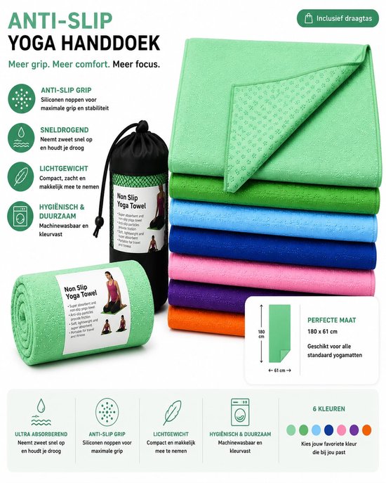 NovaOutlet Anti-Slip Yoga Handdoek Groen - Yogamat Handdoek met Siliconen Grip - Microvezel Yoga Towel - Sneldrogend - Inclusief Draagtas - 183 x 61 cm