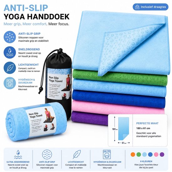 NovaOutlet Anti-Slip Yoga Handdoek LichtBlauw - Yogamat Handdoek met Siliconen Grip - Microvezel Yoga Towel - Sneldrogend - Inclusief Draagtas - 183 x 61 cm