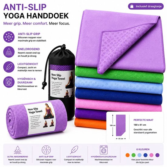 NovaOutlet Anti-Slip Yoga Handdoek Paars - Yogamat Handdoek met Siliconen Grip - Microvezel Yoga Towel - Sneldrogend - Inclusief Draagtas - 183 x 61 cm