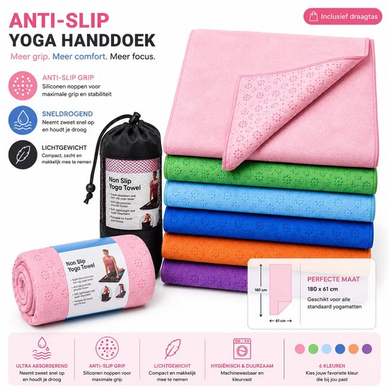 NovaOutlet Anti-Slip Yoga Handdoek Roze - Yogamat Handdoek met Siliconen Grip - Microvezel Yoga Towel - Sneldrogend - Inclusief Draagtas - 183 x 61 cm