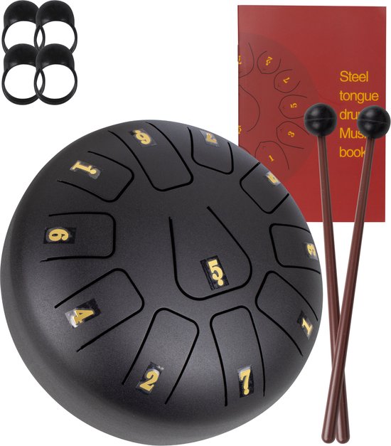 Nuvance Handpan - Incl. Lesboek, Vingerdrums en Opbergtas - Tongue Drum - Handpan Drum - Steel Tongue Drum - Zwart van Merkloos