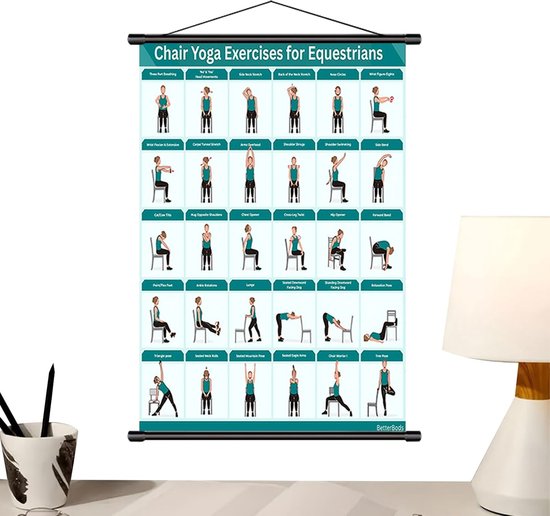 Oefenposter Stoel Yoga - Fitness Poster - Thuis Fitness - Inclusief 30+ Houdingen - 40 x 60 cm - Blauw