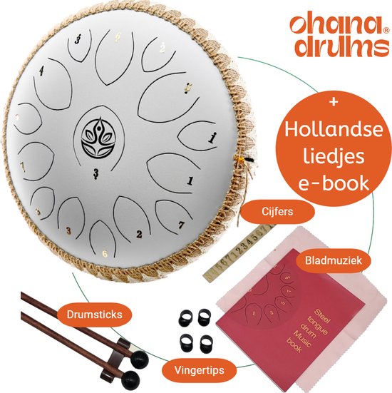 Ohana Drums® 36 cm Handpan Gewoon Wit - Tongue drum - Klankschaal - 15 noten - Handpan - Tong Drum - Klankschalen - Yoga Drum - Lotus Tong - Steeldrum - Muziekinstrument voor kinderen - Mindfulness muziektherapie - Percussie-instrumenten van Ohana Drums