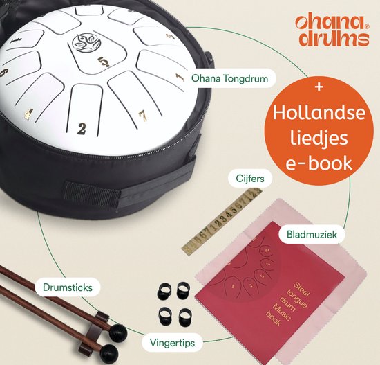 Ohana Drums® Handpan 20 cm Gewoon Wit – Tongue drum – Klankschaal – 11 noten – Yoga Drum – Lotus Tong - Steeldrum - Muziekinstrument voor kinderen - Mindfulness muziektherapie - Percussie-instrumenten van Ohana Drums