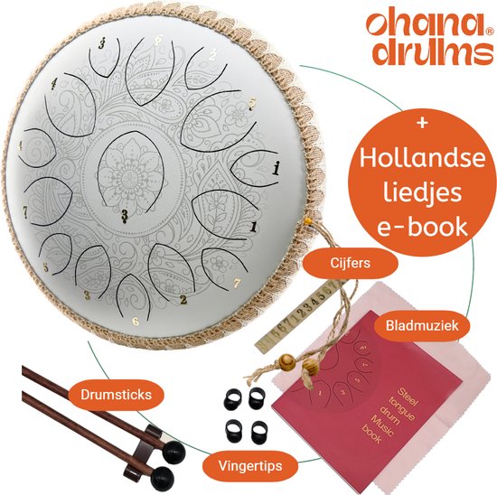 Ohana Drums® Handpan 36 cm Bloesem Wit – Tongue drum – Klankschaal – 15 noten – Handpan - Tong Drum - Klankschalen - Yoga Drum – Lotus Tong - Steeldrum - Muziekinstrument voor kinderen - Mindfulness muziektherapie Percussie-instrumenten van Ohana Drums