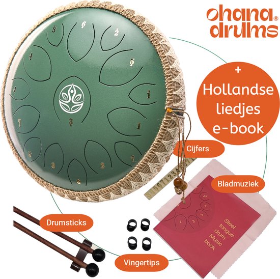 Ohana Drums® Handpan 36 cm Jade Groen - Tongue drum - Klankschaal - 15 noten - Handpan - Tong Drum - Klankschalen - Yoga Drum - Lotus Tong - Steeldrum - Muziektherapie van Ohana Drums