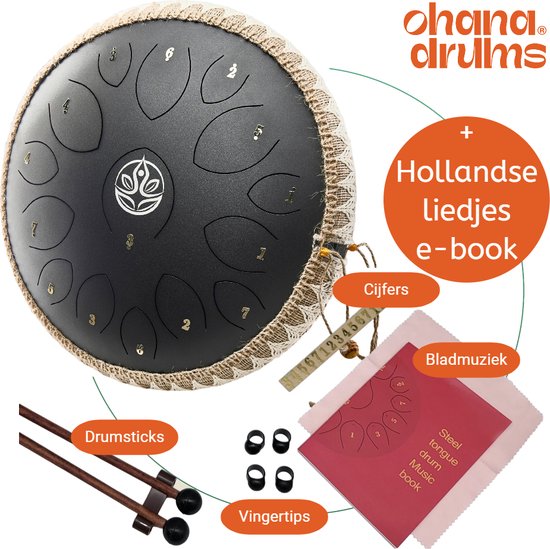 Ohana Drums® Handpan 36 cm Onyx Zwart - Tongue drum - Klankschaal - 15 noten Handpan - Tong Drum - Klankschalen - Yoga Drum - Lotus Tong - Muziekinstrument voor kinderen - Mindfulness muziektherapie - Percussie-instrumenten van Ohana Drums
