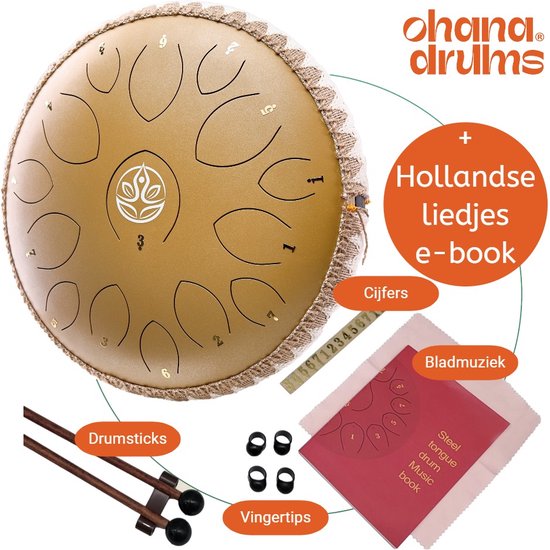 Ohana Drums® Handpan 36 cm Zonnegloed Goud - Tongue drum - Klankschaal - 15 noten Handpan - Tong Drum - Klankschalen - Yoga Drum - Lotus Tong - Steeldrum - Muziekinstrument voor kinderen - Mindfulness muziektherapie - Percussie-instrumenten van Ohana Drums