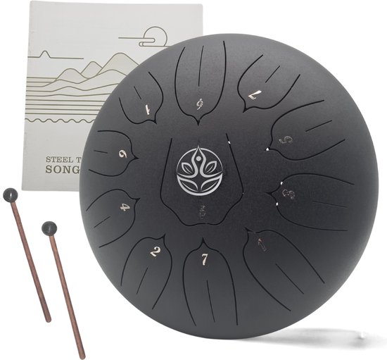 Ohana Drums® Tongue drum – Handpan – Vulkaanas Zwart – 30 cm Ø – Klankschaal – 11 noten Handpan - Yoga Drum – Muziekinstrument voor kinderen - Chakra meditatie en ontspanning - Incl. Hollandse liedjes e-book van Ohana Drums