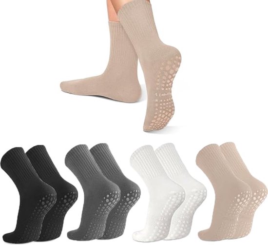 OIMG Sokken - 4 paar - Yoga Sokken - Pilates sokken - Maten 34-40 - Yoga Sokken Antislip Dames - Noppen op de zool - Antislip Katoenen Sokken - Gripsokken Pilates Yogasokken - One size - voor Ballet, Dans, Workouts - zwart/wit/grijs/Khaki van OIMG