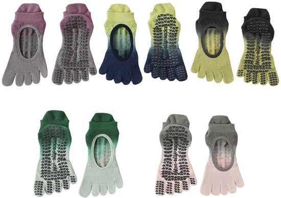 OIMG Sokken Antislip 5-Pack - Teen sokken - Toe socks - Pilates Sokken - Yoga Sokken - Dames en Heren anti slip - Huissokken - Fitness Sokken - Grip - One size fits all - Gripsokken voor Yoga Pilates Ballerina Ballet van OIMG