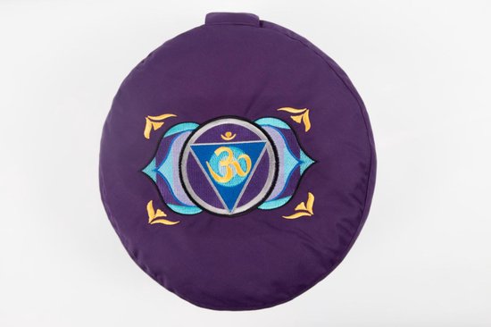 Om Namaste Symbolic Meditatiekussen Zitkussen - Rond - Paars - Ohm Goud - Turquoise Chakra Teken van Om Namaste