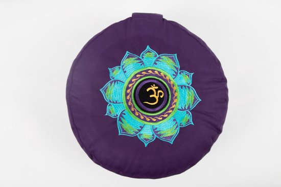Om Namaste Symbolic Meditatiekussen Zitkussen - Rond - Paars - Ohm & Turquoise Lotus van Om Namaste
