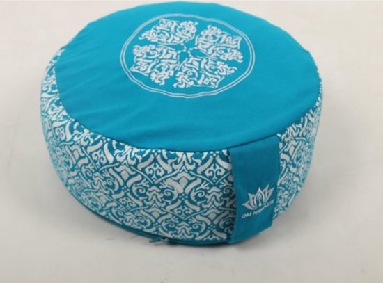 Om Namaste XL Design Meditatiekussen Zitkussen Rond Turquoise Blauw met Wit - XL van Om Namaste