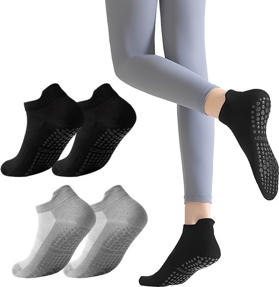 Omgoods - Antislipsokken voor Dames, 4 Stuks, Katoenen Yogasokken met Siliconen Noppen