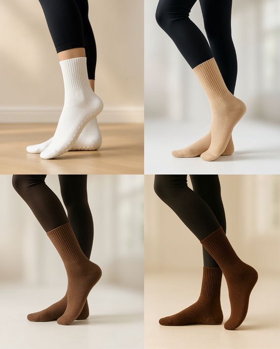 One Size Set van 4 Paar Yoga & Pilates Sokken Dames – Antislip Gripzool – Comfortabel & Ademend – Mid Tube Sportsokken van Katoen Dans – Set van 4 Paar (Wit, Bruin, Donker bruin & Khaki) van Merkloos