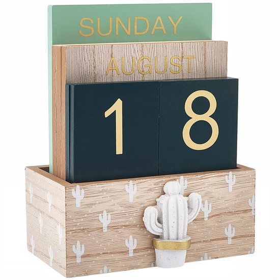 ONF3 - Vintage Houten Blok Dagkalender - Cactus Design - Bureau Accessoire - Houten Kalender - Decoratie - Geschikt voor Thuis - Cactusvorm van Onf3