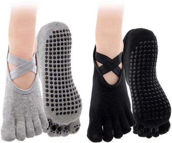 ONF3 - Yoga Sokken - Antislip - 2 Pairs - Grijs/Zwart - Volledige Teen - Geschikt voor Yoga en Pilates - Ankle Lengte