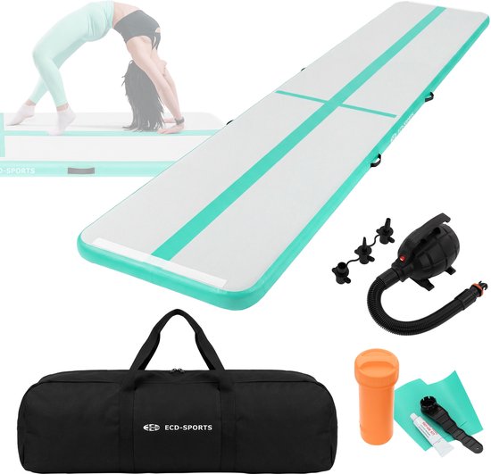 Opblaasbare fitnessmat 5m, mintgroen, 10 cm dik, yogamat fitnessmat pilatesmat incl. draagtas & elektrische luchtpomp