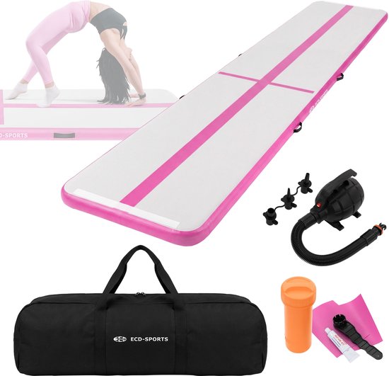 Opblaasbare gymnastiekmat 5m, roze, 10 cm dik, yogamat fitnessmat pilatesmat incl. draagtas & elektrische luchtpomp van Merkloos