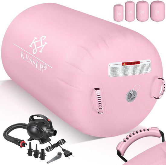Opblaasbare Gymnastiekrol 100 x 60 cm - Inclusief Elektrische Luchtpomp en Draagtas - Tumbling, Yoga en Fitness Rol - Roze