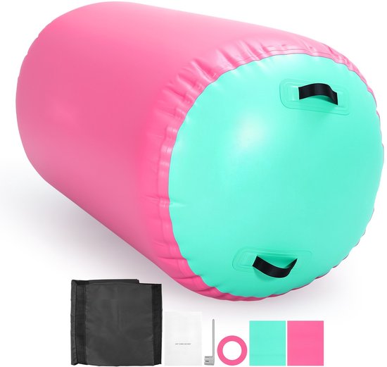Opblaasbare Gymnastiekrol - Airtrackrol - 120 x 75 cm - Met Pomp - Draagvermogen 200 kg - Instelbare Luchtdruk - Siliconen Handgrepen - Roze