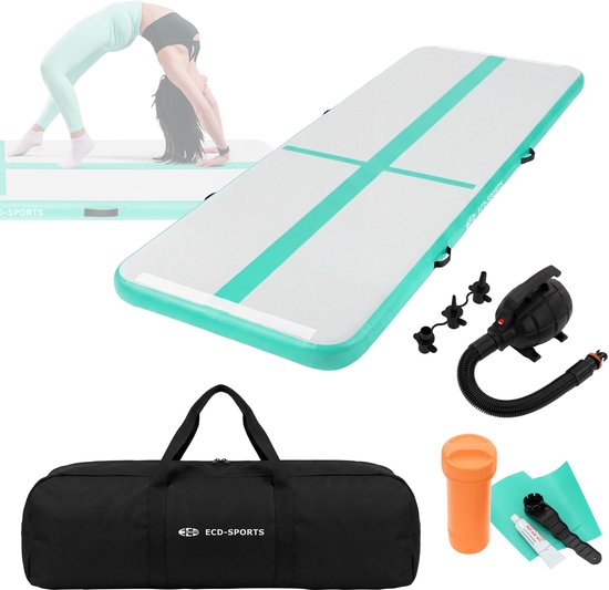 Opblaasbare turnmat 3m, mintgroen, 10 cm dik, yogamat fitnessmat pilatesmat incl. draagtas & elektrische luchtpomp